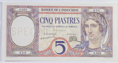 5 Piastres bankbiljet, van de Indo-China bank