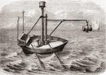 Een Griekse brander, naar een tekening in een 13e-eeuws Latijns manuscript, uit Les Merveilles de la Science, gepubliceerd ca. 1870