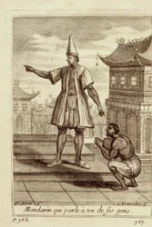 Een Mandarijn man die met een van zijn mensen praat, uit Voyage du Siam des Peres Jesuites door Guy Tachard, 1688