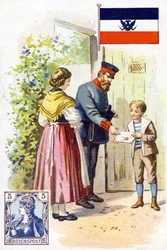 Een postbode in Duitsland die een brief bezorgt, eind 19e eeuw