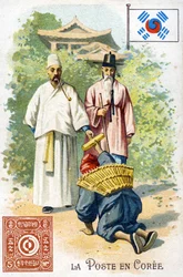 Een postbode in Korea die een brief bezorgt, eind 19e eeuw