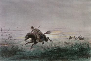 Een postbode van de Amerikaanse Pony Express aangevallen door indianen
