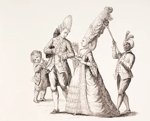 Een satire op de extreme dameskapsels in het Parijs van de 18e eeuw, 1875