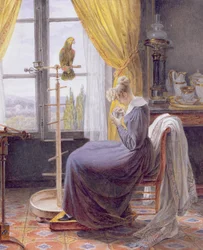 Een vrouw die een papegaai voedt in een interieur, c.1820