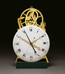 Een close-up van de wijzerplaat en het uurwerk van een Louis XVI verguld en gepatineerd brons-gemonteerde mahonie lange klok met jaarkalender en tijdsvergelijking, c.1790