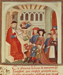 Een familie voor een financier, miniatuur uit Ethiek, Politiek, de Economie van Aristoteles, Frankrijk