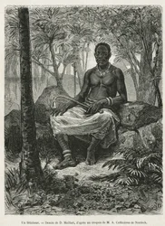 Een feticheur, tovenaar die de magische kracht van fetiches kan gebruiken, tekening door D. Maillart, ter illustratie van het verhaal van een reis naar Gabon en de Ogoue-rivier, in 1875-1877, door Alfred Marche. Gravure in Le tour du monde