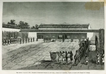 Een hoorzitting bij het hof van Hue (Vietnam), ontvangst van de Franse ambassade, 14 april