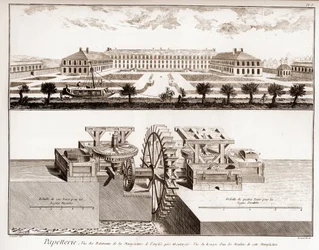 Een papiermolen - Kantoorartikelen: uitzicht op de gebouwen van de fabriek van Anglee bij Montargis - Uitzicht op het tandwiel van een van de molens van deze fabriek - 