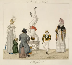 Een artiest die op zijn hoofd staat en balanceert op een glas, plaat 96 uit le Bon Genre, ca.1810
