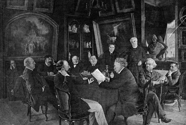 Een lezing in de Comédie-Française: Alexandre Dumas zoon leest een van zijn komedies voor aan de commissie.