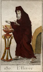 Afbeelding van het winterseizoen als een oude man die zich opwarmt bij een vuur. Uit “Mythologie de la jeunesse” door Pierre Blanchard 1803.