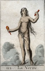 Voorstelling van de god van de Waarheid, een naakte jonge vrouw met een oprecht gezicht, ze houdt een spiegel vast. Uit 