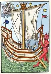 Een schip tussen de gevaren van de zee. Een demon greep de boeg terwijl God zich aan de linkerkant manifesteerde. Gravure uit "De Grote Kalender en Compost van de Herders", Troyes 1491