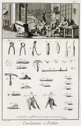 Een schoen- en laarzenmaker en hun gereedschap, uit de Encyclopedie des Sciences et Metiers door Denis Diderot, gepubliceerd ca. 1770