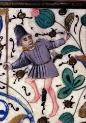 Een schildknaap. Frans manuscript door Petrarca (Francesco Petrarca) uit de 13e eeuw. Gemeentelijke Bibliotheek van Rimini.