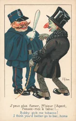 Een goed geklede man vraagt een politieagent om tabak (kleurenlitho)