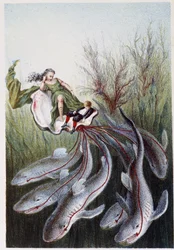 Een vrouw en een jongen op een tank geleid door haaien - in "Reis naar de bodem van de zee" door H. de la Blanchère. Parijs, ed. Jouvet et Cie, sd. 1880