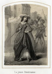 Een jonge Amerikaanse vrouw veroorzaakt gevechten tussen haar vrijers. Anonieme gravure van de 19e eeuw