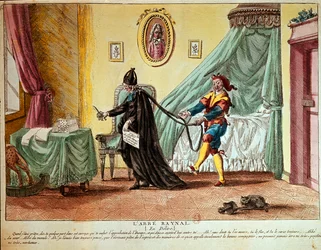 Abbé Raynal in een delirium, ca. 1790 (handgekleurde ets)