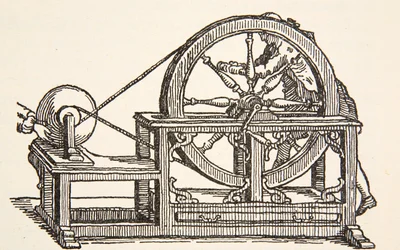 Abbe Nollets elektriciteitsmachine, 1746, kopie door Boris Mestchersky (d.1957) illustratie uit Histoire de la Nation Francaise, Sciences, Volumes I & II, door Gabriel Hanotaux (1853-1944), 1924