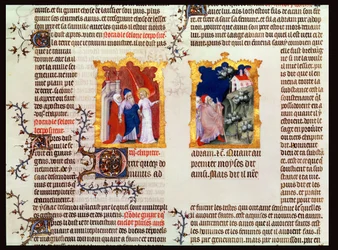 Abraham en Sara verlaten Ur der Chaldeeën naar Kanaän, uit De Bijbel van Jean de Sy, ca.1355