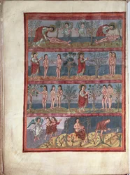Adam en Eva, uit de Moutier-Grandval Bijbel, verlicht in de Karolingische Abdij van St. Martin, Tours, Latijn, c.834-843