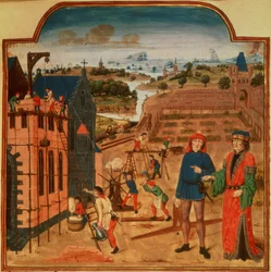 Constructie van een tuinhuis met formele tuinen en landschap op de achtergrond, uit Livre des Prouffits Champetres et Ruraulx door Pietro de Crescenzi (1230-1320/1)