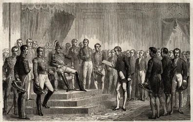 Adres van de 221 - Liberale staatsman Roy-Collard presenteert het adres van de 221 - Pierre Paul Royer-Collard leest aan de Franse koning Charles X het adres van de 221 voor om te protesteren tegen de heerschappij in 1830 - Pierre Paul Royer Collard (1763-