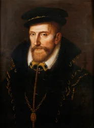Admiraal Gaspard de Coligny, Franse calvinist, staatsman en officier, vermoord tijdens de Sint-Bartholomeusnacht ... (olieverf op eikenhout)