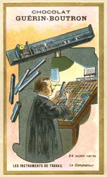 Advertentie chromolithografie van Guerin Boutron chocolade, werktuigen, 84 gevarieerde onderwerpen, de composter