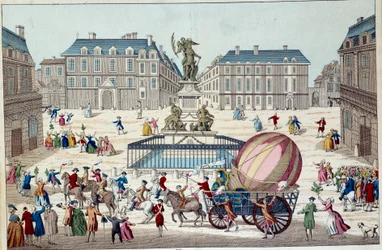 Aerostaat: de tweede poging om met een ballon te vliegen. De hele aerostatische bol van Charles en Robert in Parijs, na een reis met een waterstofgasballon, op 02/12/1783. Anonieme 18e-eeuwse prent. Parijs, decoratieve kunsten