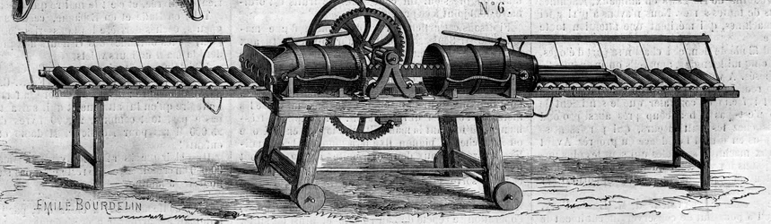 Landbouwmachine: een machine voor het maken van drainagebuizen gepresenteerd op de Landbouwtentoonstelling van 1860 in Parijs - Gravure in 