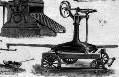Landbouwmachine: een draagbare manege gepresenteerd op de Parijse landbouwwedstrijd in 1860. Gravure in 