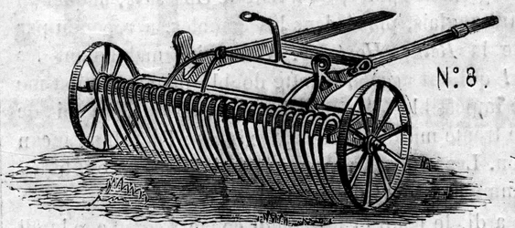 Landbouwmachine: een Engelse paardenhark gepresenteerd op de Parijse landbouwwedstrijd in 1860. Gravure in "Le Monde Illustré" nr. 16 van 7 juli 1860.