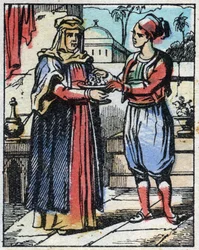 Aladin legt weelderige diamanten in een gouden beker en stuurt zijn moeder om ze aan de Sultan aan te bieden om zijn dochter ten huwelijk te vragen. Gravure van het verhaal Duizend-en-een-nacht "Aladin en de Wonderlamp". Epinal afbeelding, eind 19e eeuw. P