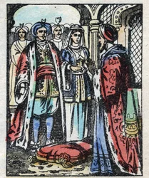 Aladins huwelijk met de dochter van de Sultan. Gravure van het verhaal Duizend-en-een-nacht "Aladin en de Wonderlamp". Epinal afbeelding, eind 19e eeuw. Privécollectie.