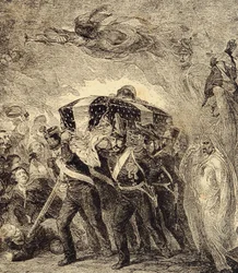 Allegorie van de terugkeer van de as van de Franse keizer Napoleon Bonaparte in 1840. 19e eeuw (gravure uit "Clours, mores, usages, costumes, inventions")