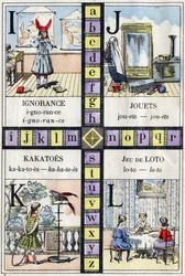 Alfabet en Letter I J K en L, onwetendheid, speelgoed, kakatoes en lotto spel. ABC van de kleine meisjes. Epinal beeld