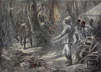 Een Engelse reiziger Lloyd ontdekt de Pygmeeën tijdens het verkennen van Afrika. Gravure in 