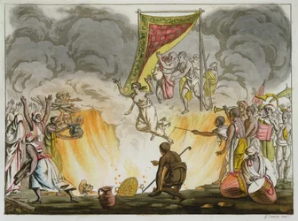 Een Indiase Weduwe Verbrandt met het Lichaam van haar Man, plaat 30 uit een Boek over India, gegraveerd door Gaetano Zancon