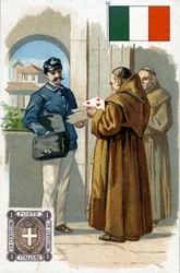 Een Italiaanse postbode die post bezorgt, eind 19e eeuw