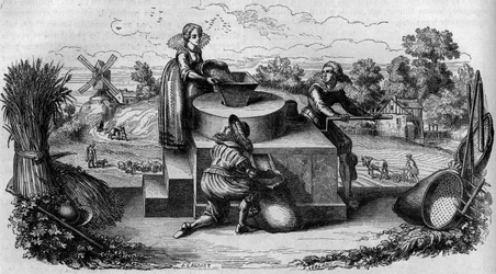 Een arm molen in de 17e eeuw in Duitsland. Gravure in 