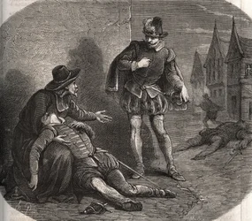 Een gezant van de koning van Frankrijk Hendrik III (1551-1589) werd stervend gevonden in de straten van Rome in 1582. Hij droeg een compromitterend bericht van de koning over zijn zus, Marguerite de Valois (1553-1615), bekend als koningin Margot. Gravure u
