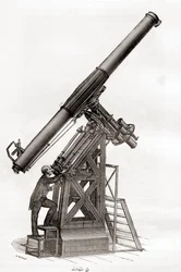 Een equatoriale telescoop in het Observatorium van Parijs, Frankrijk in de 19e eeuw, uit Les Merveilles de la Science, gepubliceerd ca. 1870