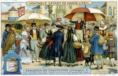 Een orvietan handelaar (charlatan) geïnstalleerd op de kermis van een klein stadje in Duitsland - Reclamelabel Liébig, ca. 1900