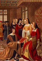 Anna van Bretagne (1477-1514) omringd door haar hofdames. Chromolithografie naar een 16e-eeuwse miniatuur. Bibliotheek van Arts Deco, Parijs