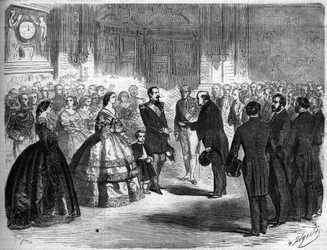 Annexatie van Savoye bij Frankrijk, Parijs, 22 maart 1860: ontvangst van Amedee Greyfie de Bellecombe en de Deputatie van Savoye door Keizer Napoleon III en Keizerin Eugenie de Montijo in de Tuilerieën. Gravure in 