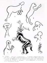 Antropoïde figuren in prehistorische grotten, uit Les Artistes Prehistoriques door Morin-Jean, 1933