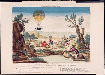 Verschijning van de heteluchtballon van Jean Pierre Blanchard (1753-1809) tussen Calais en Boulogne, 1785